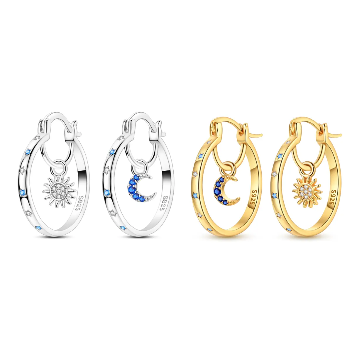 MULA Sun and Moon Pendant Earrings | Silver-plated material, set with sparkling cubic zirconia | Hypoallergenic, non-toxic, nickel-free | Unique jewelry gift for birthdays and Valentine's Day