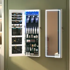 LVSOMT LED Mirror Jewelry Cabinet, Wall/Door Mounted Jewelry Organizer Armoire, Full Length Mirror with Jewelry Storage, Over the Door Hanging Jewelry Cabinet with Lights, Black