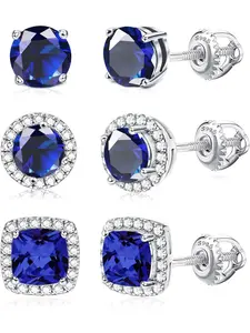 3Pairs S925 Silver Needle Stud Earrings with 18K White Gold Plated Screw Back Blue Round Square Cubic Zirconia Screw Back Earrings for Women Men Artificial Zirconia Earrings
