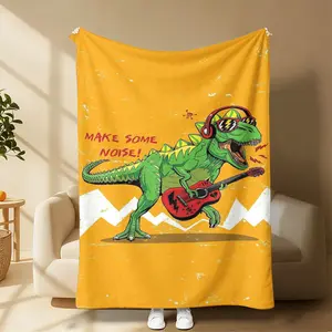 Retro Punk Music Dinosaur Blanket, Funny Headphone Guitar Tyrannosaurus Rex Print Ultra Cozy Couch Bed Warm Blanket  Cool T-Rex Music Themed Soft Plush Throw Blanket For Boys Room Decor Cool Exclusive Gift For Kids Who Love Dinosaurs