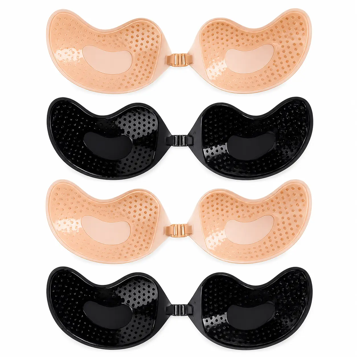 4pcs/Set (2 Black + 2 Skin Color) Strapless Sticky Silicone Backless Push Up Bra Cups Invisible Cleavage Enhancer For Women, Breathable Adhesive Bra Petals For Deep V Dresses & Backless Outfits