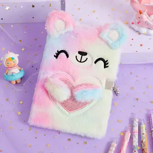 Plush Notebook with Lock, A5 Size, Lined Pages, Soft Fluffy Design, Animal Cover, Ideal for Office and School Writing Diary, Creative Gift
