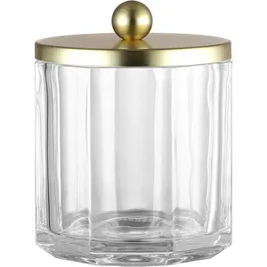 Clear Transparent  Octagional Shaped Glass Canister Jar With  Metal Lid Cover for Bathroom Organization,  Balls, Q Tips, and Small Accessories, Bathroom Storage