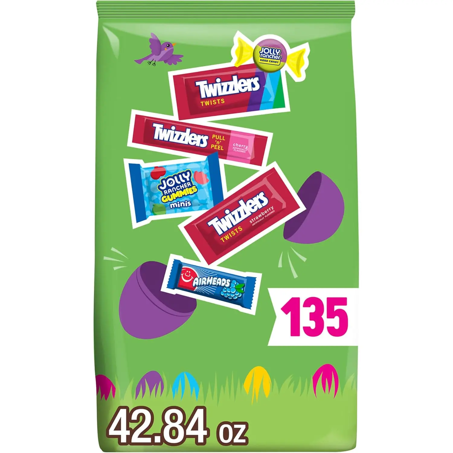 Jolly Rancher Mixed Chewy Easter Candy Bulk Bag - Sweet Assorted Fruit-Flavored Snacks with Twizzlers, Airheads, Cherry, Strawberry, 42.84 oz, 135 Pcs for Cupboard Storage