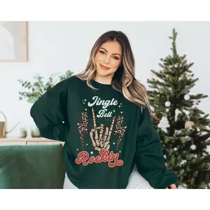 Jingle Bell Rockin Sweatshirt Retro Christmas Sweatshirt Spooky Christmas Skeleton Sweater Groovy Shirt 1970s Christmas Pjs Creepy Christmas Top Classic Cotton Crewneck Sweatshirt And Funny Hoodie Ladies And Womens