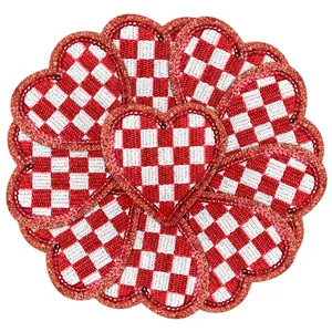10Pcs Red Sequin Heart Embroidered Applique Iron On Patches Checkerboard Cute DIY Project Accessories for Clothing Jackets