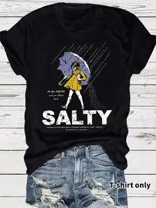 Women's Umbrella & Sality Girl Print Round Neck Tee, Vintage Trendy Casual Lightweight Knit Fitted Short Sleeve T-shirt for Daily Wear, Everyday, Ladies Summer, Top, Womenswear