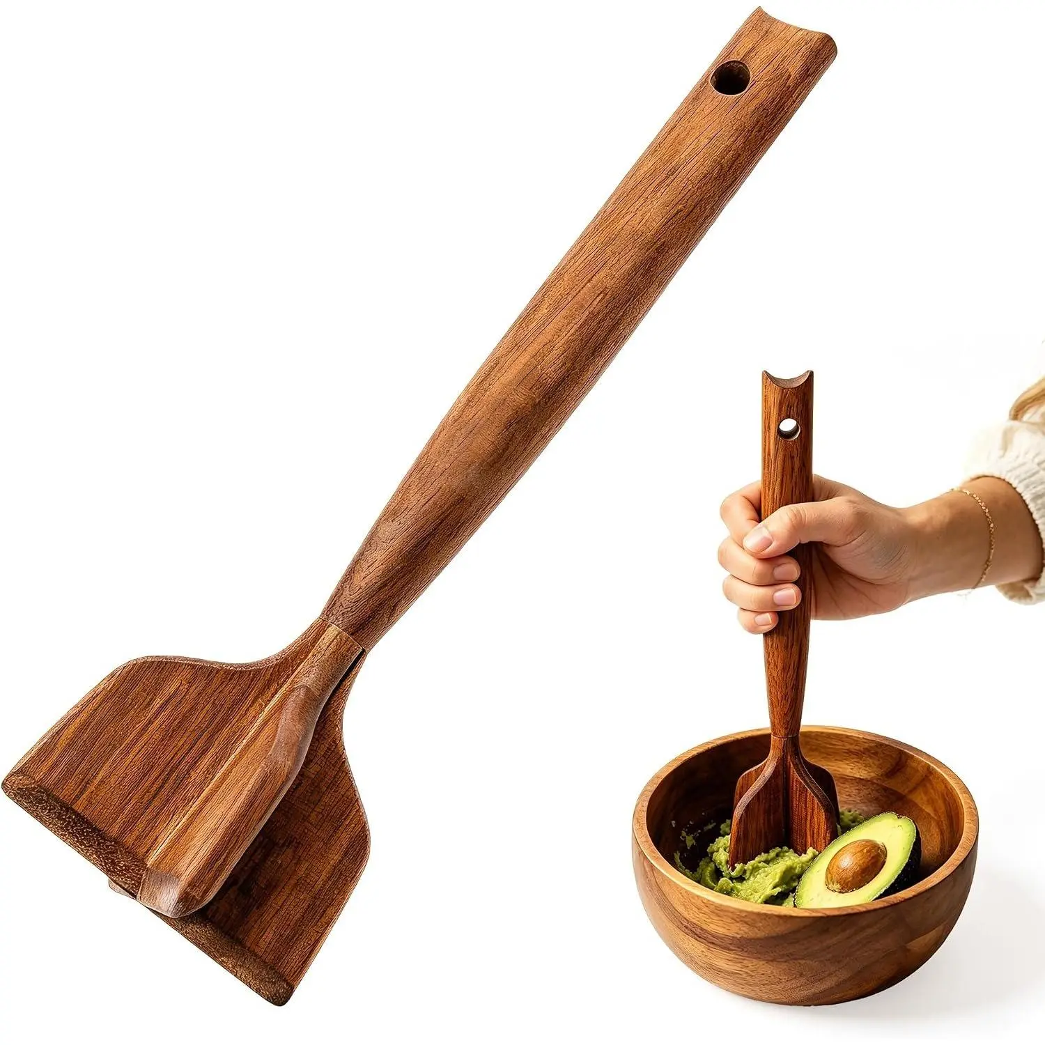10.5 Inch Teak Wood Meat Chopper & Masher, Wooden Ground Beef Hamburger Smasher, Non-Scratch Kitchen Tool for Meat, Potatoes, Avocado & Chicken