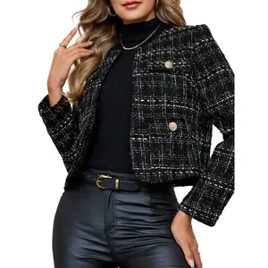 Women's Cropped Tweed Blazer Jackets Elegant Slim Collarless Business Casual Outfits with Gold Buttons and Belted Design
