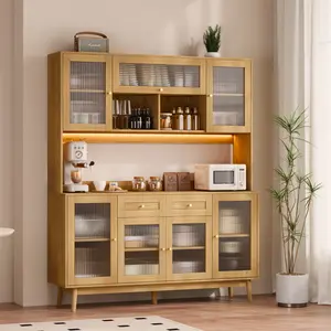 VOWNER Kitchen Hutch with LGB Light, Pantry Cabinet with 7 Fluted Glass Doors, 2 Drawers & Open Compartment for Kitchen, Dining Room