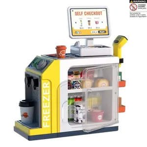 Kids Pretend Play Mini Supermarket Cash Register Set with Realistic Coffee Machine, Play Food Accessories, Family Interaction Toy, Perfect Gift for Holidays and Birthdays