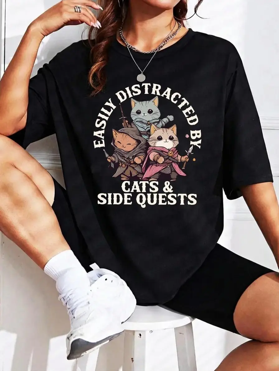 Men's Casual Unisex Print T-Shirt - Easily Distracted By Cats & Side Quests Funny RPG Gamer Graphic Apparel, D&D Tabletop Board Game Nerd Gift Top for Cat Parents