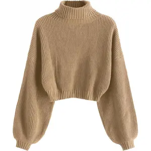 Women’s Cropped Turtleneck Sweater Lantern Sleeve Ribbed Knit Pullover Sweater Jumper
