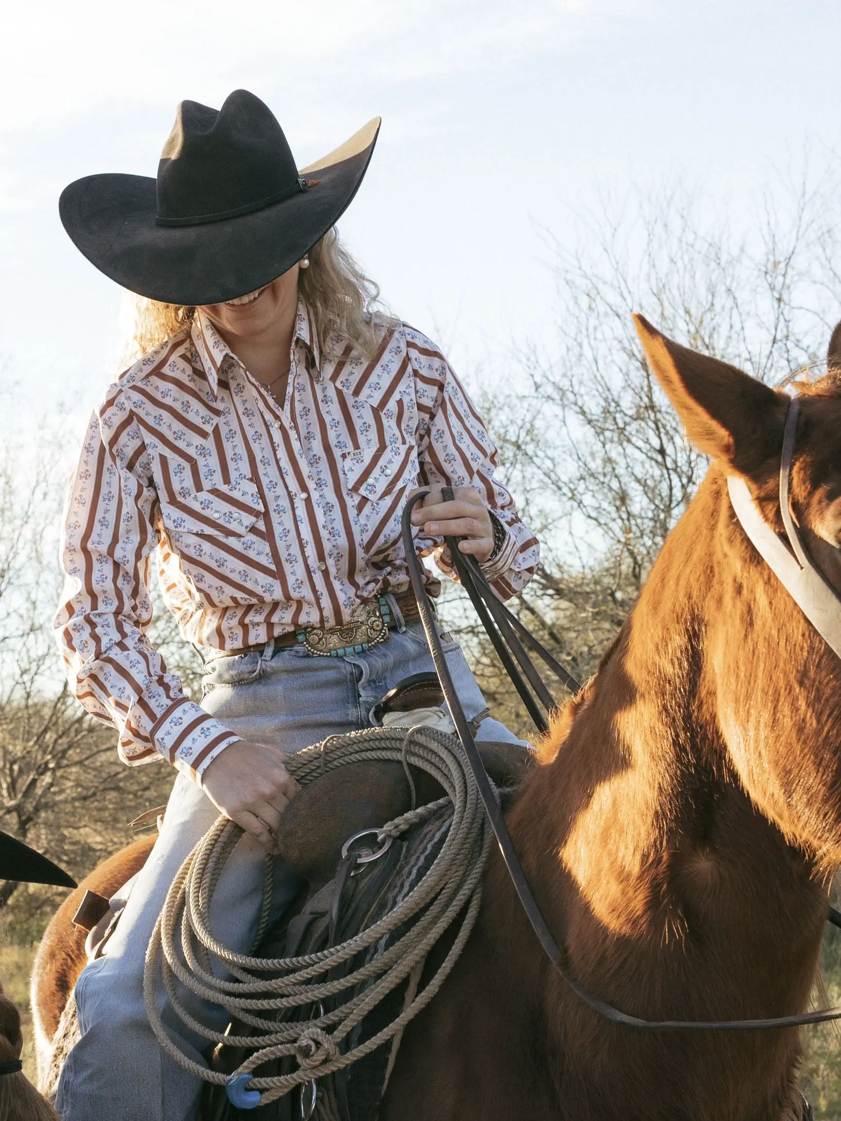 Women's Cotton Casual Blouse - Rust Rose Stripe Print, Granddaddy Snap, Sleeve Design, Pocket Detail, Ranch-Inspired Cowgirl Style Shirt, Lightweight, Long Sleeve, Striped, Fit