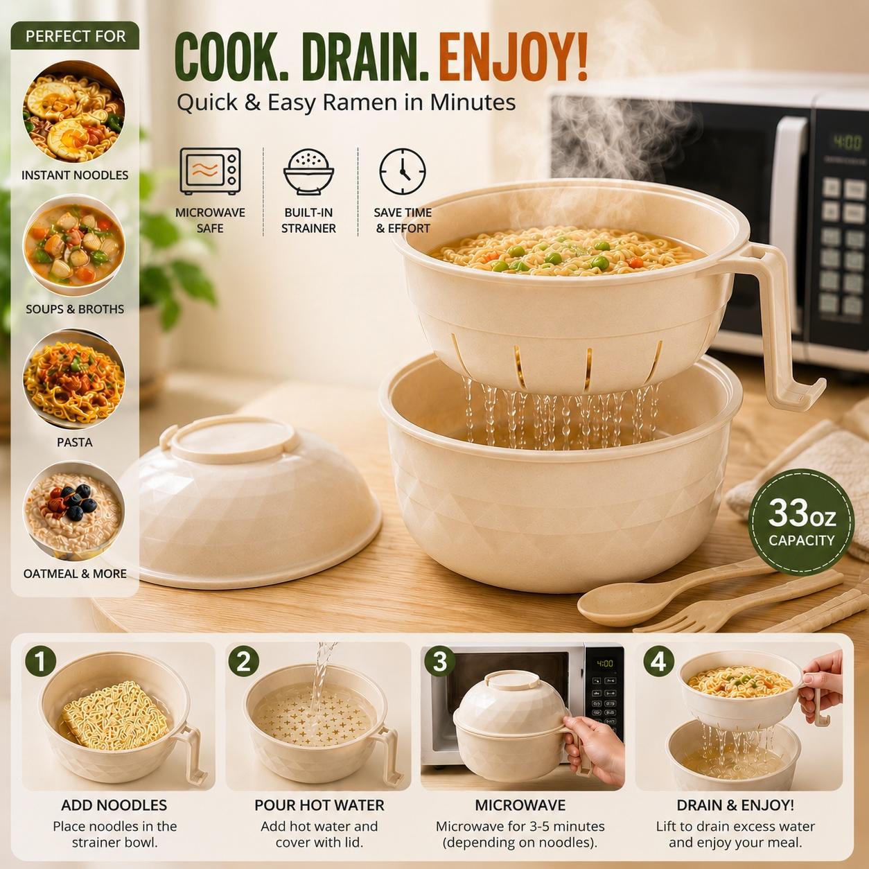 MIUVA Microwave Ramen Bowl Set with Handle, Spoon, Fork, Chopsticks, 6 Sets, Safe & Easy Use, Versatile for Noodles, Soups, Cereals, Ideal for Dorms & Home, Christmas Gift, Spring Kitchen Gadgets