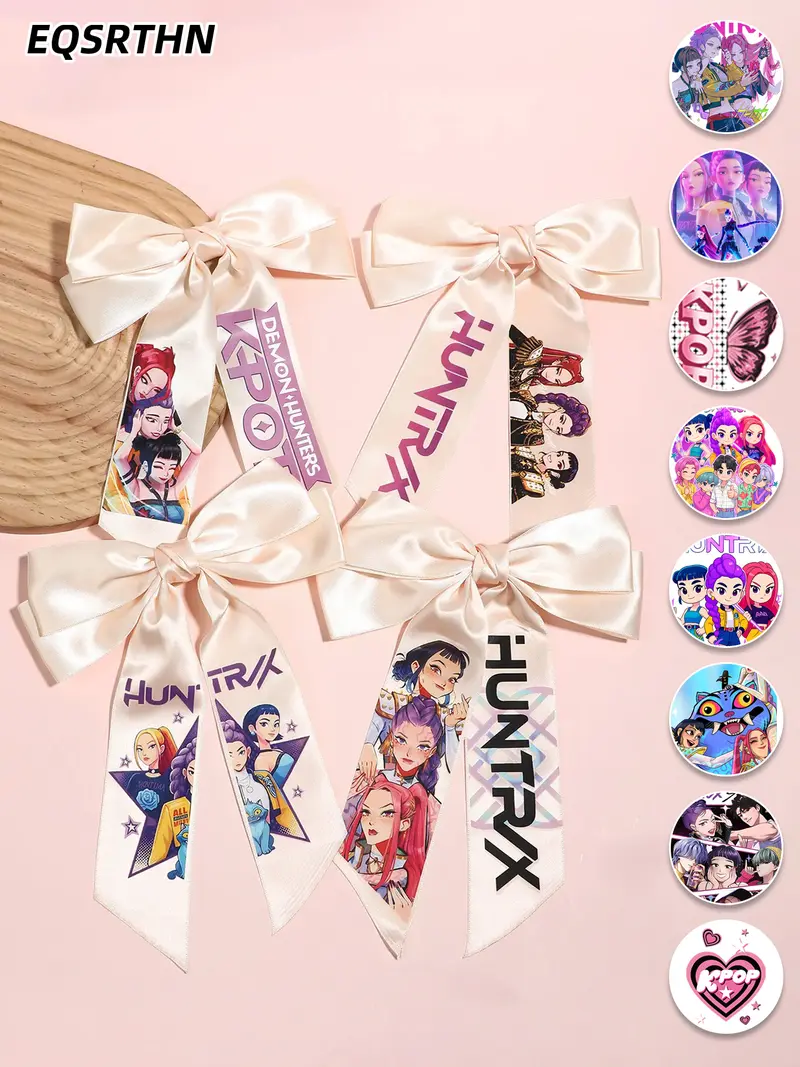 4pcs/1pcLarge Kpop Hair Bow with Girl Band Printed Ribbons | Comfortable Secure Clip | Versatile Design Hair Clip Set