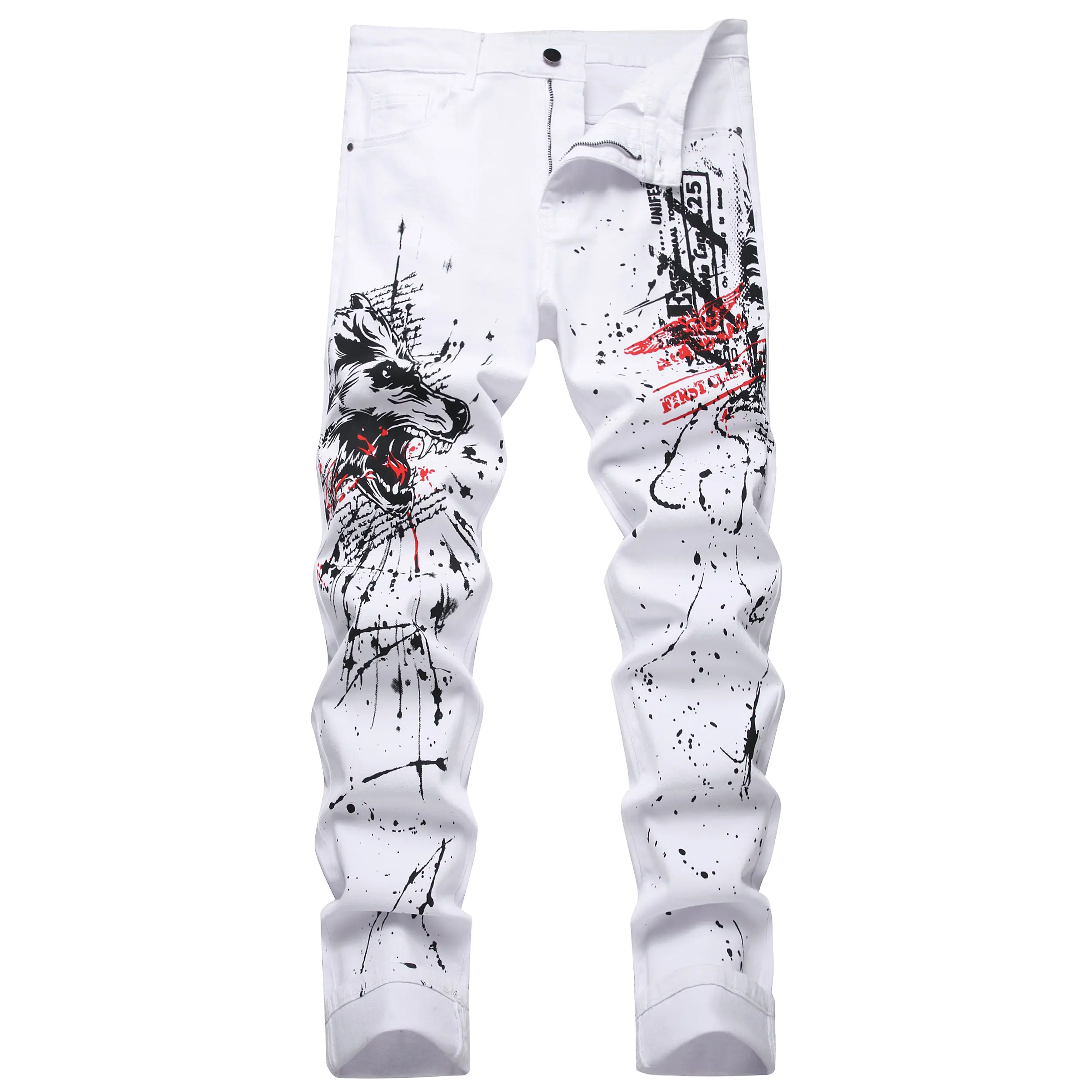 Men's White Casual Jeans Clothes with Wolf Head Print