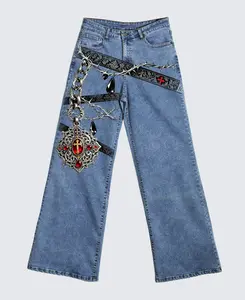 Loose Baggy Dark Aesthetic Cross Gem Chain Print Denim Pants, High Definition DTG Direct-to-Garment Printing Soft Non-Fade Flare Jeans, Grunge Goth Casual Street Bottoms