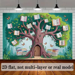 2D Flat Back to School Book Tree Banner, Summer-Vibe Polyester Home & Room Background Decoration, Reusable Photo Prop for Birthday & Festive Party Supplies