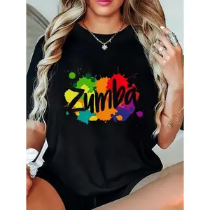 Summer Fun Women Zumba Graphic T-shirt-Casual Loose Summer T-shirt with Vivid Color Printing, Black, Machine Wash, round Neck, Suitable for Spring, Summer, Autumn, Casual Summer Wear |   Bold Graphic T-shirt |   Comfortable Style, summer Shirt