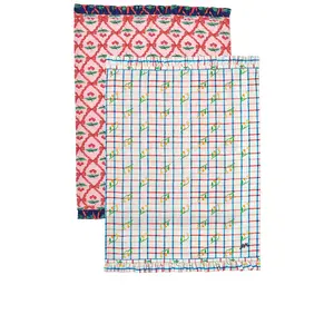 Damson Madder Set Of 2 Tea Towels in Tulip Check & Pink Cherry