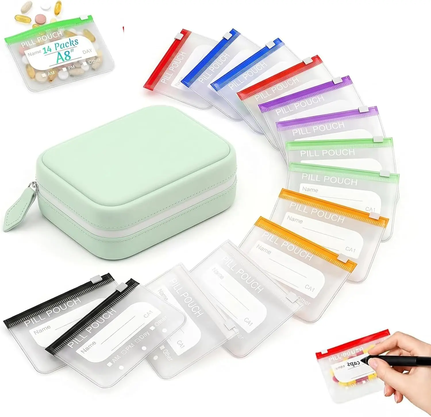 A8 Waterproof Pill Pouch Set, Large Weekly Pill Organizer with 14 Color-Coded Medicine Pouches, Reusable Travel Medicine Organizer, Zippered Pill Storage for Fish Oils, Vitamins（Black）