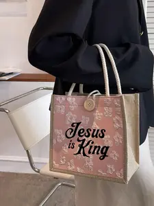 Jesus Is King Christian Print Linen Canvas Handbag, Reusable Faith Expression Bag for Travel, Vacation, Wedding, All Seasons Casual Style