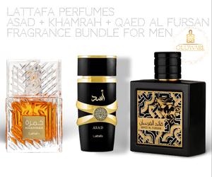 Lattafa Asad + Khamrah EDP 100ml (3.4 Oz) & Qaed Al Fursan EDP 90ml (3.04 Oz) - Long Lasting Fresh Woody Men's Fragrance Multi-Pack, Luxury Set Gift Bundle