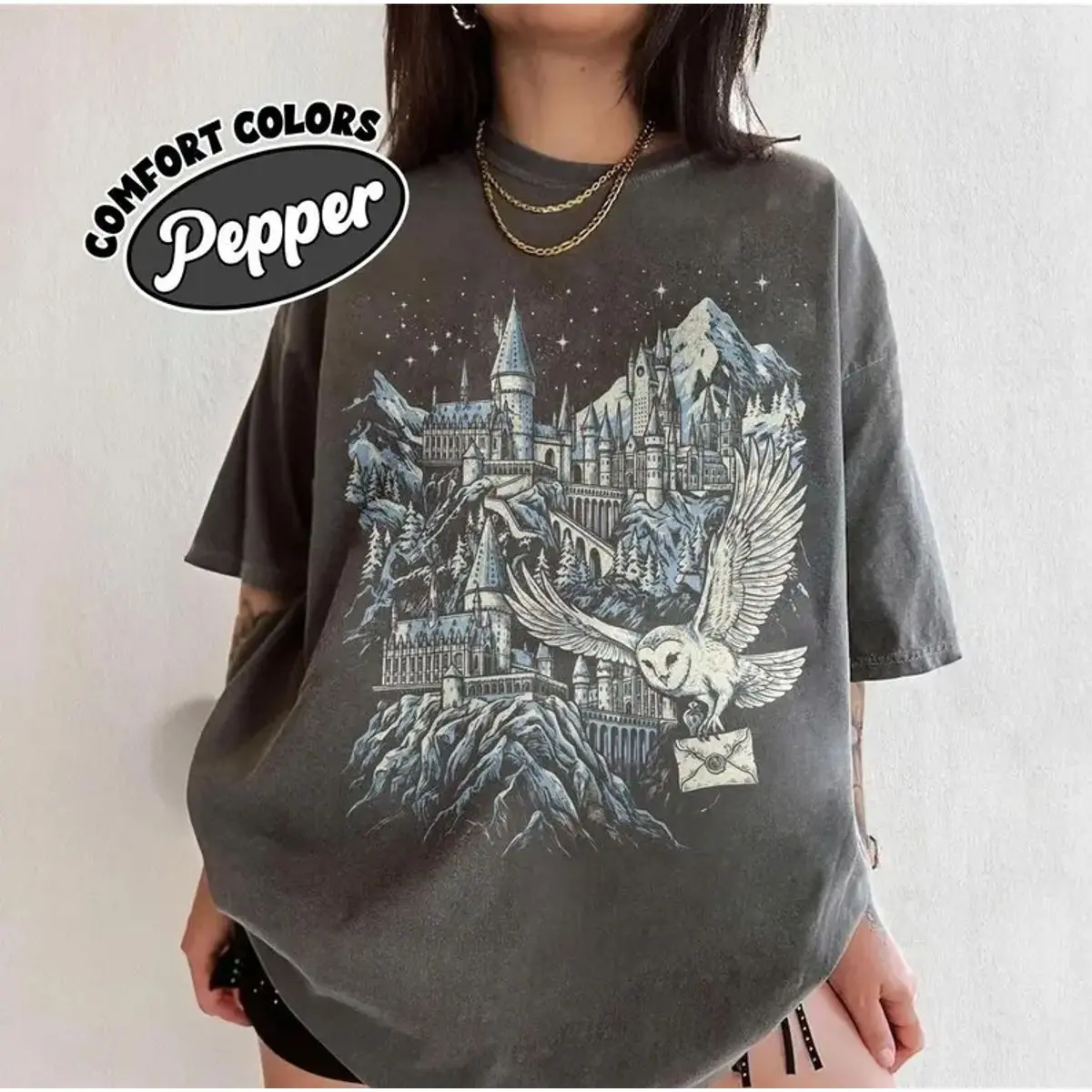 Comfort Colors Hogwarts Castle Landscape Shirt, Retro Wizard School Owl Post Tee, Vintage Magic School Mountain Top, Snowy Owl Letter Gift, Wizardry Apparel, Unisex Short Sleeve Tee, Classic Streetwear