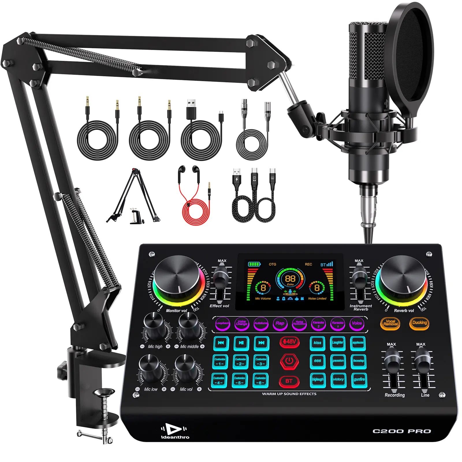 Ideanthro C200 PRO-P15 Digital USB Audio Interface - Dual-Core DSP Chip, Dual Mic/Headphone Ports, Tone Adjustment, Voice Changer, Full-Range Audio Control, Customization, USB Sound Card Mixer for Content Creators, Streamers, PC/Tablet Recording