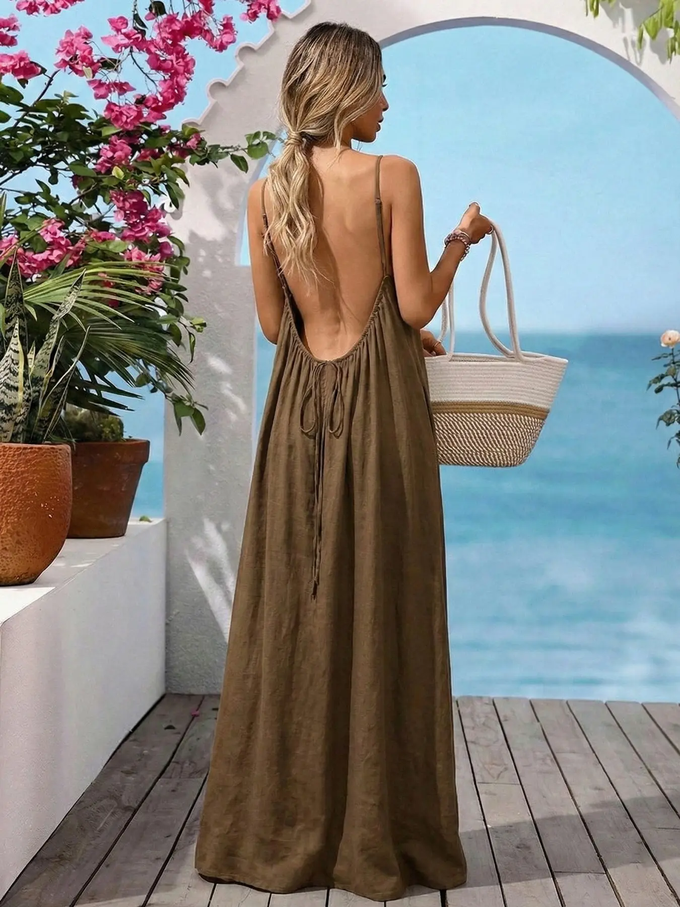 Women's Plain Ruched Backless Dress, Sleeveless Long Boho Style, Elegant Casual Daily Wear, Perfect Spring, Fall & Summer Choice, Womenswear