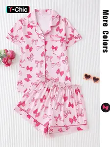 Women's All Over Bow Print Lapel Neck Pocket Shirt & Elastic Waist Shorts Pyjama Two-piece Set, Casual Comfy Short Sleeve Top & Shorts PJ Set, Ladies Sleepwear & Loungewear for All Seasons, Pajama Set