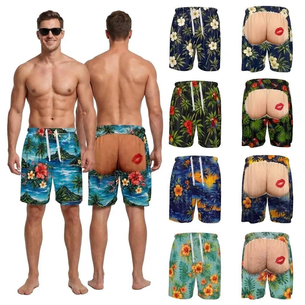 5 Styles Funny Butt Lip Print Men's Hawaiian Beach Shorts, Tropical 3D Print Drawstring Swim Trunks, Breathable Casual Vacation Shorts with Pockets, Quick Dry Swimwear, Sizes 2XS-6XL, Funny Gift