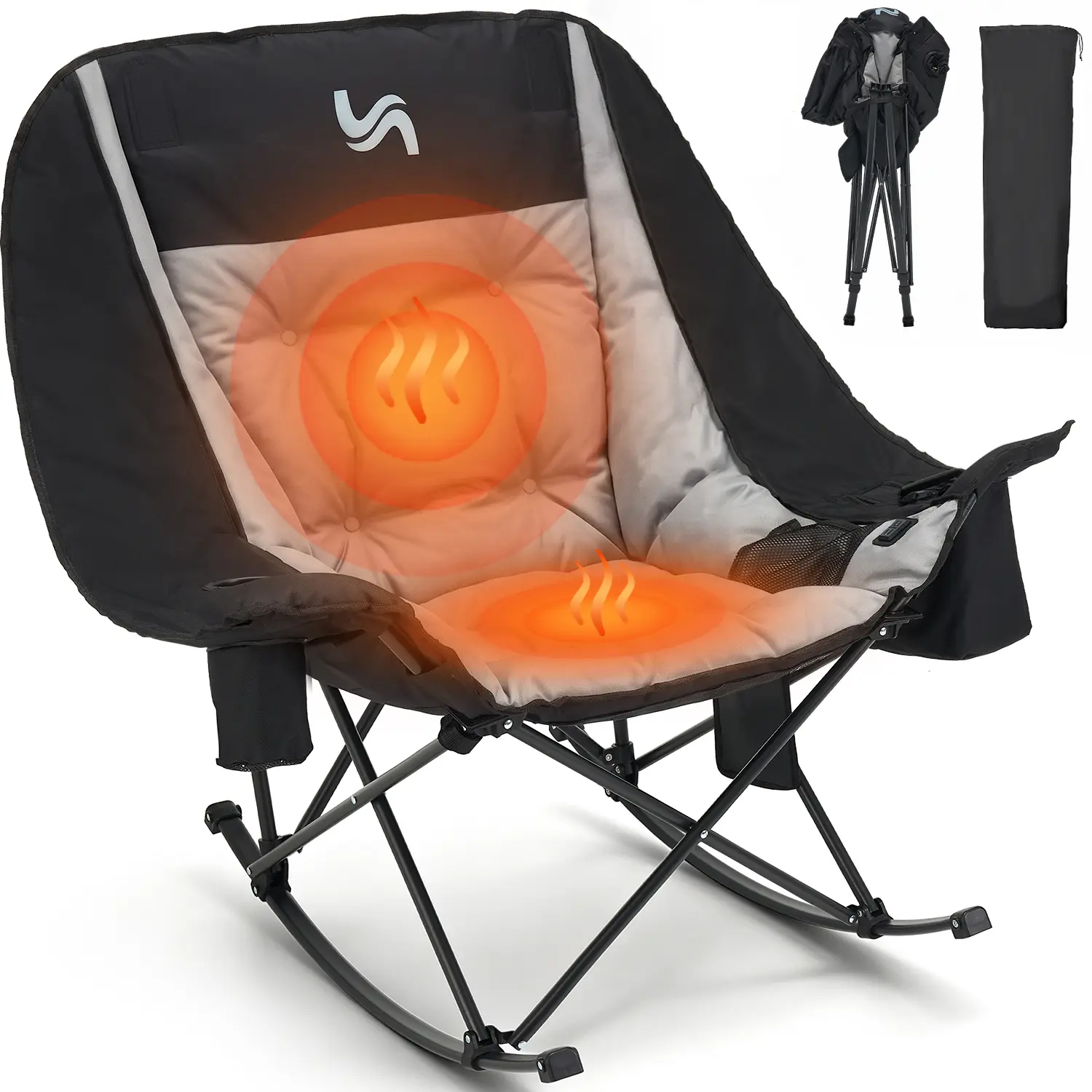 ABORON Rocking Chair, XXL Oversized Folding Outdoor Camping Chair, Padded Lawn Chair - Oxford Fabric, Full Body Cushion, Built-in Cooler, Side Pocket, 400lb Capacity, for Balcony, Patio,Sports Events,Camping Gear【Battery Not Included】sohochic