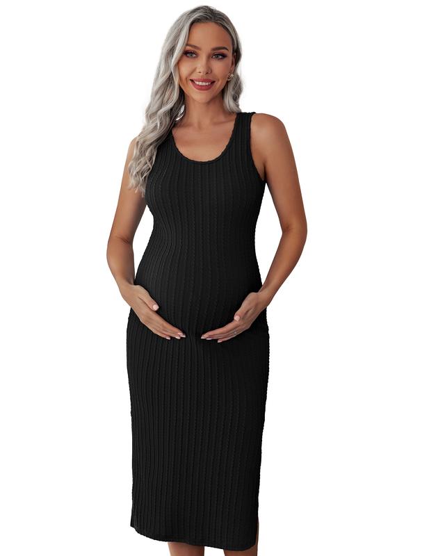 Ekouaer Women's Maternity Dress Rib Knit Sleeveless Tank Side Slit Bodycon Dresses Pregnancy Clothes S-XXL