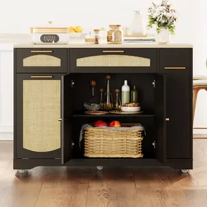 47 Inch Rolling Kitchen Island with Drop Leaf and Drawers, Farmhouse Wooden Table on Wheels, Narrow Storage Cart for Small Spaces