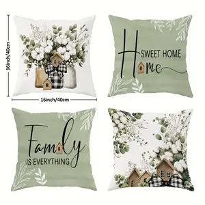 4pcs Cottage Pillowcase Set- Rustic Cottage and Eucalyptus Leaf Design, Sage Green and Brown Plaid Decor, Soft Polyester Fiber with Zipper Closure, Machine Washable for Living Room, Bedroom, Sofa(No Insert), Sofa Pillowcase| Rustic Cottage Style