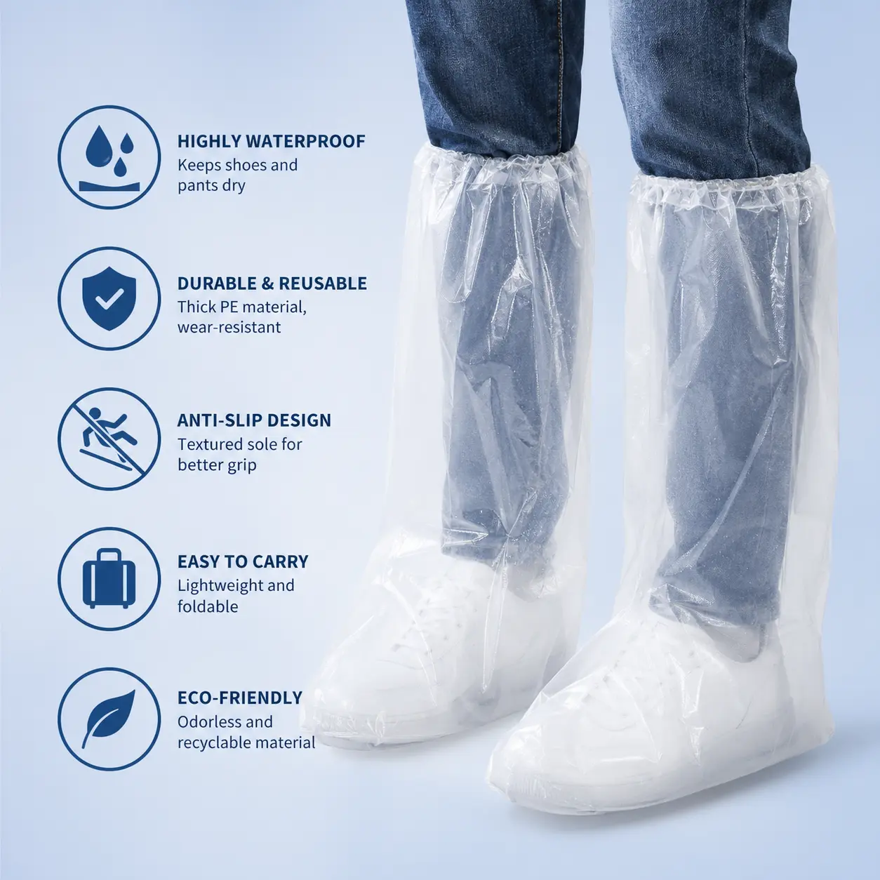 5 Counts Disposable Long Plastic Shoe Covers, Waterproof Transparent Foot Protectors for Outdoor Rainy Days Cycling Travel Daily Commuting