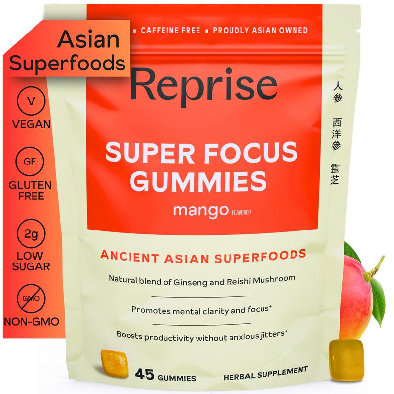 Super Focus Gummies for Adults | American & Korean Ginseng with Reishi Mushroom extracts | All Natural Gummies for Focus, Mood, and Energy | Mango Flavored | 45 Count