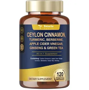 18-in-1 Organic Ceylon Cinnamon Capsules with Berberine, Ceylon Cinnamon Supplement w/Apple Cider Vinegar Turmeric Bitter Melon Milk Thistle, for Metabolism, Energy, Heart*, 120 Counts