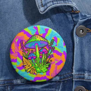 Psychedelic Mushroom Illustration Pin Button | Colorful Trippy Fungi Badge