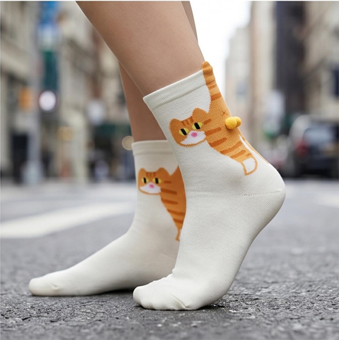 Orange Cat Egg Socks Unisex Mid-Calf Pure Cotton Funny Cartoon 3D Pom Pom Ins Trendy Cute Versatile Outdoor Cotton Socks 2 Pairs