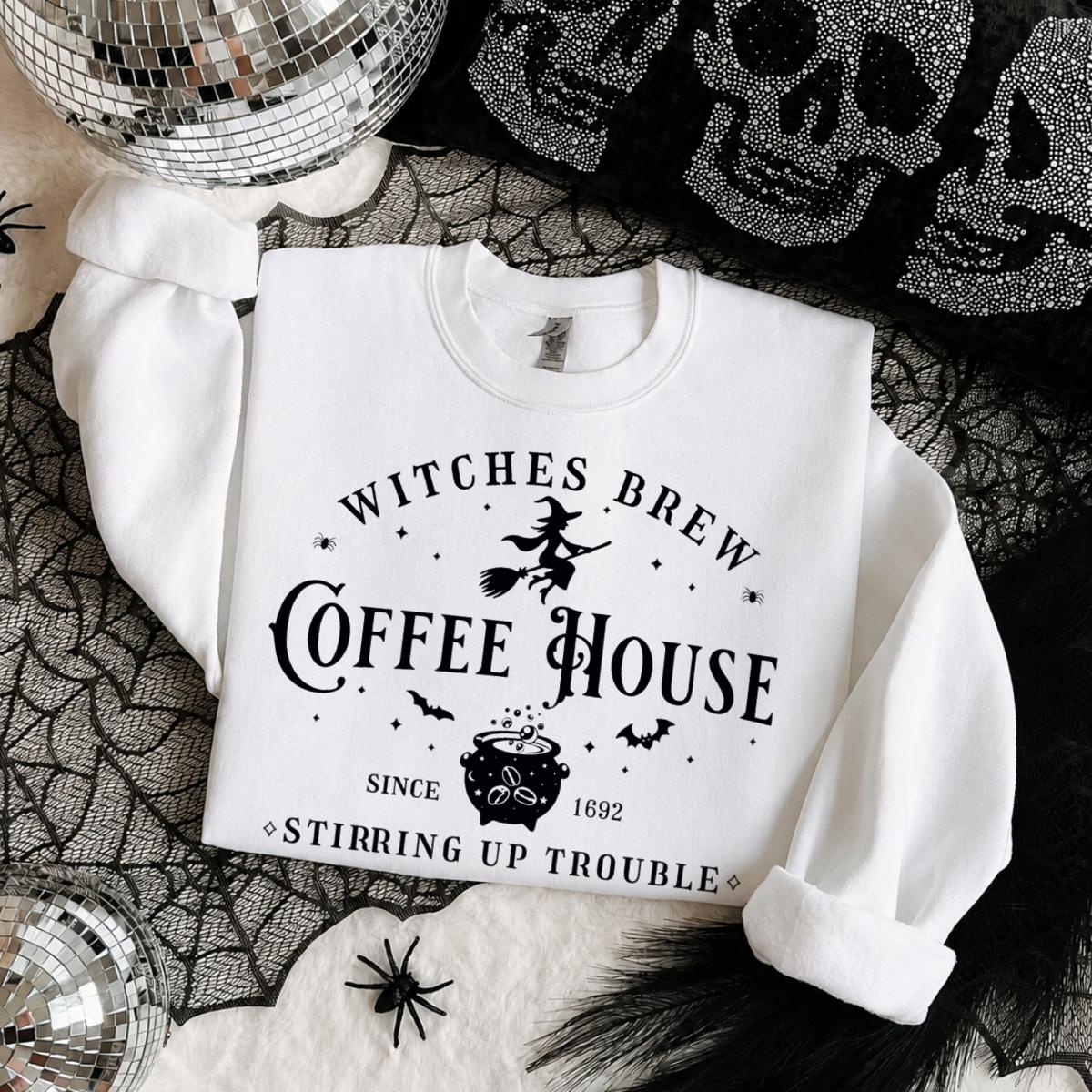 Witches Brew Coffee House Sweatshirt, Halloween Witch Sweatshirt, Spooky Coffee Lover Shirt, Stirring Up Trouble, Unisex Fall Outfit