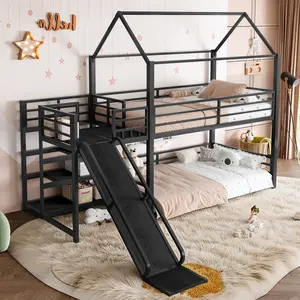 Twin metal House Bunk Bed with Storage Stairs, Slide, Safety Rails, Black