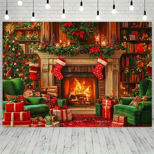 Christmas Fireplace Tapestry Holiday Backdrop Gift Stocking Scene Wall Hanging Photography Background for Living Room Bedroom Indoor Outdoor Party Decoration Polyester