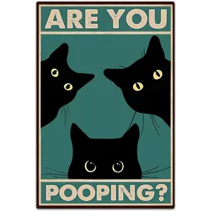 Funny "Are You Pooping" Black Cat Metal Tin Sign, 8x12 Inch Home Decor, Bathroom Wall Hanging Decor for Home Supplies