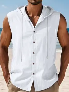 Men's sleeveless band-capped linen shirt - featuring a adjustable drawstring hood, lightweight and breathable, with a loose fit. Perfect for beach vacations, seaside outings and casual summer wear.