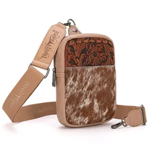 Montana West Genuine Hair-On Cowhide Floral Tooled Sling Bag w/ Adjustable Strap