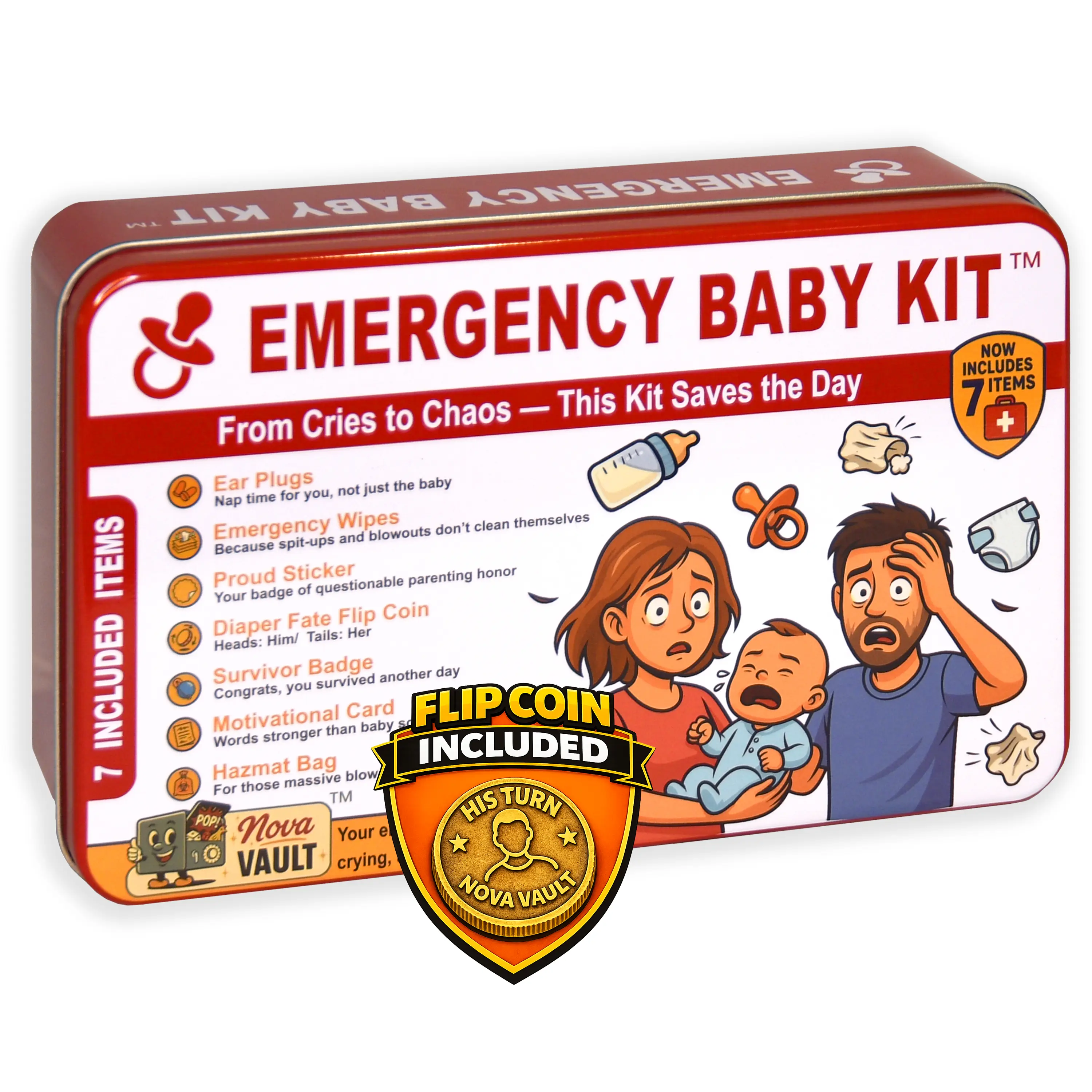 Funny Emergency Baby Newborn Kit Includes Wet Wipes, Flip Coin, Stickers, Jokes, Badge, Bag, Earforam. Ultimate Baby Shower, Family and Freinds Novelty Gag Gift