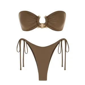 Charm Studio Solid O Ring 2025 New Swimsuit For Women Tie Side Shiny Metal Hardware Ring Bandeau Bikini Swimwear Padded Bra Top Low Waisted
